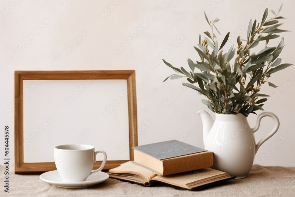 AI Generated Mediterranean breakfast still life Cup of coffee book background