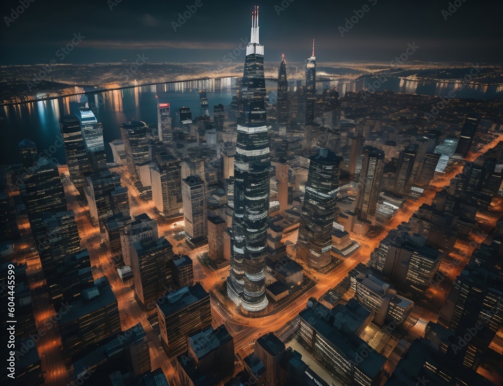 Obraz premium A drone's-eye view of a modern city skyline at night full of lit-up skyscrapers with Generative AI.