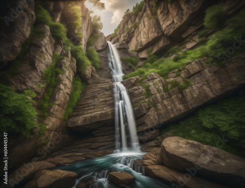A waterfall cascading down the side of a rocky cliff with lush green foliage with Generative AI.