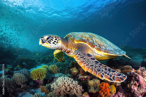 turtle swimming in the ocean surrounded by coral, sea turtles, generative ai  © vvalentine