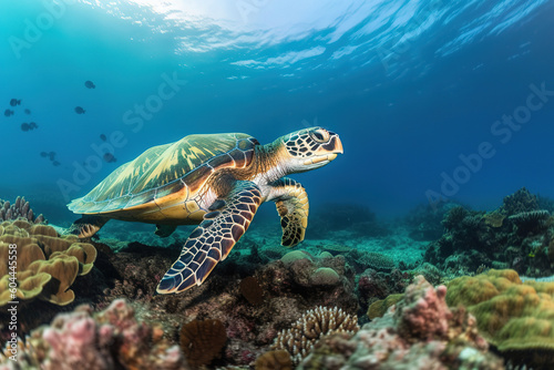 turtle swimming in the ocean surrounded by coral  sea turtles  generative ai 