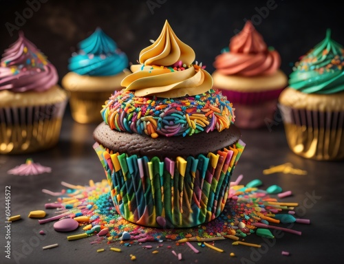 An eye-catching close-up of a perfectly crafted cupcake decorated with colorful frosting and sprinkles with Generative AI.