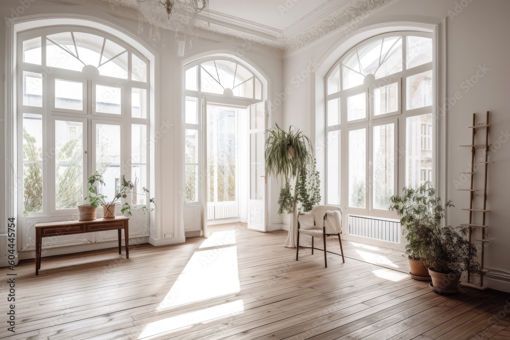 Fototapeta premium Large windows and a room painted a bright, cheerful white. Wall décor and a fireplace. Generative AI