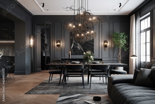 Living and dining room interior design in a contemporary classic style with built in gray furniture, black marble, and black steel texture. Generative AI © Vusal