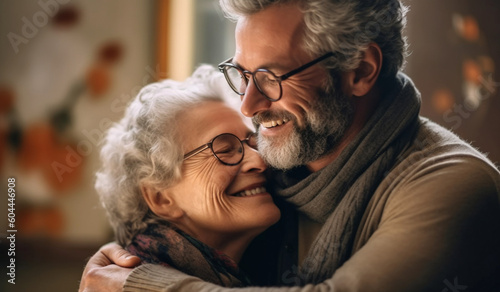 Happy middle-aged woman hugging her adult son. Happy mother's day. Generative AI