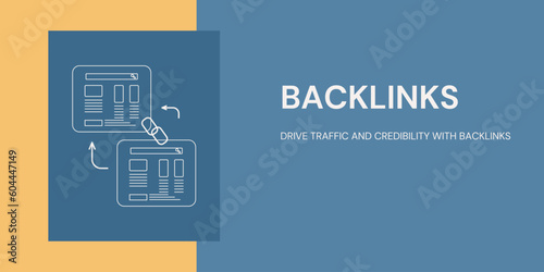 Backlinks Banner on Yellow and Blue Background. Stylish SEO Banner with White Text and Icons for Business and Marketing