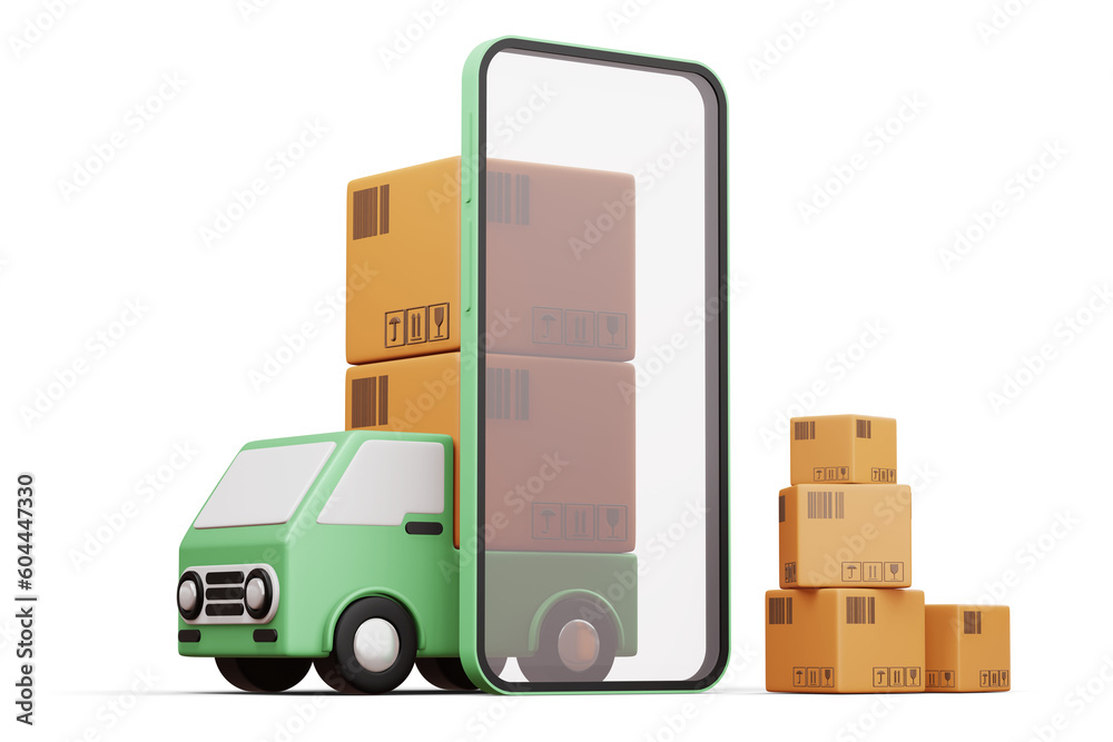 Delivery car with phone and parcel box, transport vehicle, 3d rendering Delivery car with phone and parcel box, transport vehicle, 3d rendering