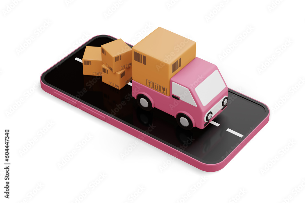 Delivery car with phone and parcel box, transport vehicle, 3d rendering Delivery car with phone and parcel box, transport vehicle, 3d rendering