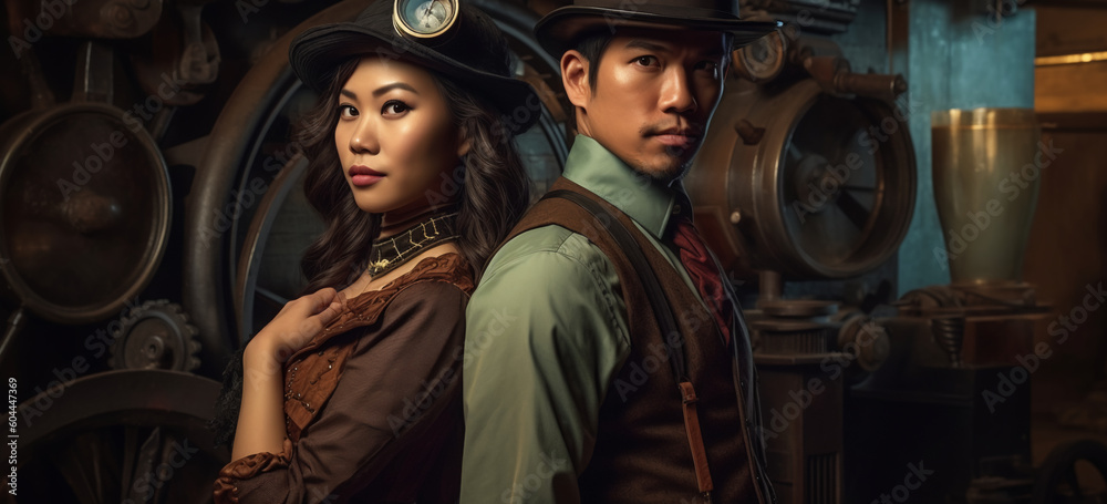 Porttrait of an asian ethnic couple in steampunk style.  Image Generative AI.