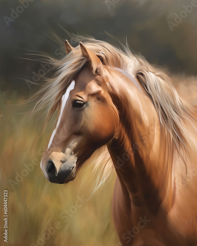 close-up portrait of a majestic horse with a flowing mane and intense eyes, standing in a meadow. Oil paint style, generative ai 