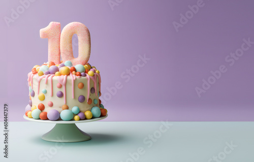 10th years birthday cake on isolated colorful pastel background. Generative Ai. photo
