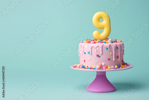9th years birthday cake on isolated colorful pastel background. Generative Ai. photo