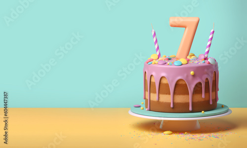 7th years birthday cake on isolated colorful pastel background. Generative Ai. photo