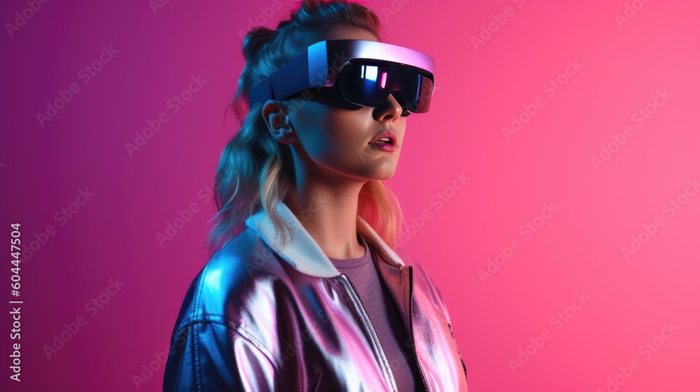 In soft pastel tones, a lady navigates the intricacies of a neural, AI-driven virtual cosmos, encapsulated by VR headse In soft pastel tones, a lady navigates the intricacies of a neural, AI-driven virtual cosmos, encapsulated by VR headse
