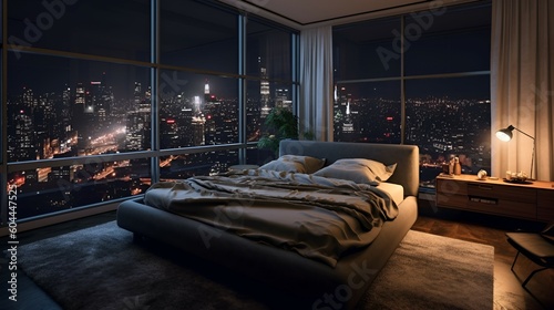 luxury bedroom with a beautiful view at night time © roei