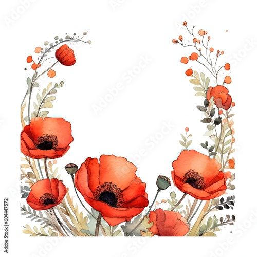 Red watercolor poppy flower frame. Illustration AI Generative.