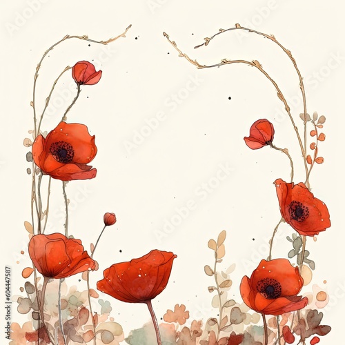 Red watercolor poppy flower frame. Illustration AI Generative.