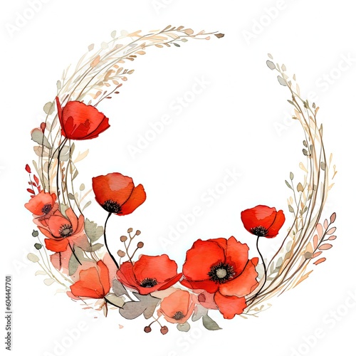 Red watercolor poppy flower frame. Illustration AI Generative.