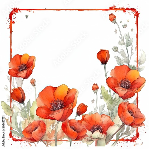 Red watercolor poppy flower frame. Illustration AI Generative. © olegganko