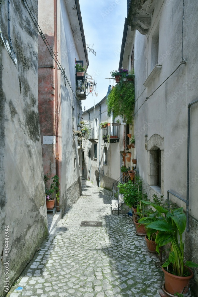 A narrow street of Macchia d'Isernia, a medieval village in the mountains of Molise., Italy.