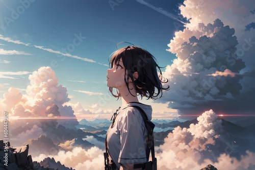 A pretty girl is climbing a mountain against the backdrop of a cloud-filled sky, japanese anime style illustration. generative AI photo