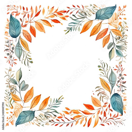 Watercolor autumn leaves frame. Illustration AI Generative.
