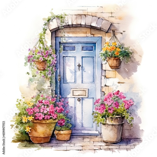 Cozy door with flowers watercolor. Illustration AI Generative. © olegganko