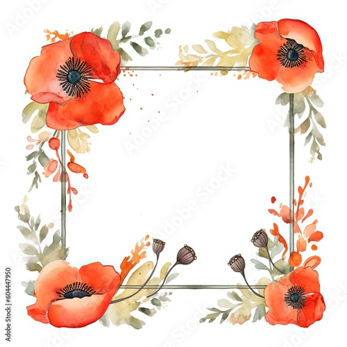 Red watercolor poppy flower frame. Illustration AI Generative.