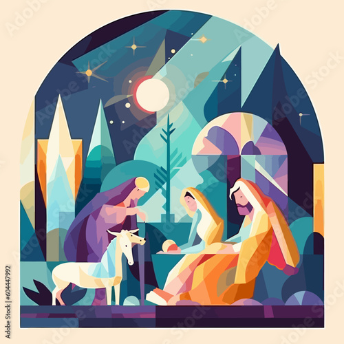 Fototapeta Jesus nativity scene abstract, watercolor, and vector illustrations