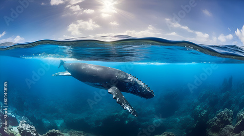 An Underwater View of The Ocean with a Humpback Whale. Generative AI © Mystikal Forest