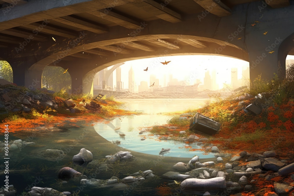 AI Generated organic trash in the river under bridge background