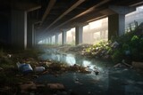 AI Generated organic trash in the river under bridge background