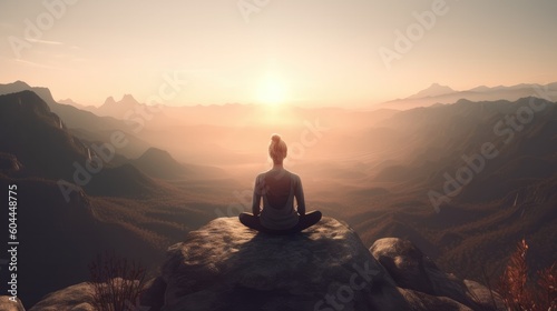In calm mountains woman finds balance through AI-assisted neural meditation, embodying a serene and balanced life