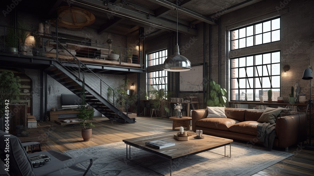 Industrial loft living space with a contemporary touch. Generative AI.