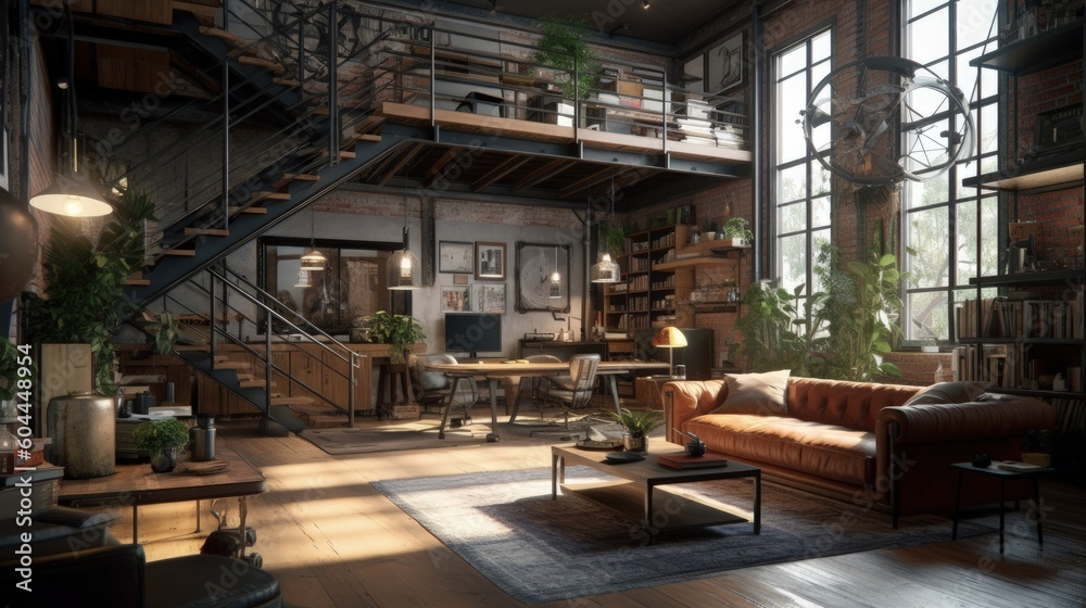 Modern industrial living room. Generative AI.