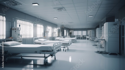Inside view of a modern hospital ward, hyper-detailed and photorealistic, an AI-driven