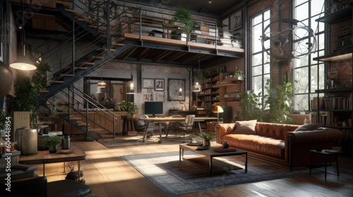 Modern industrial living room. Generative AI.