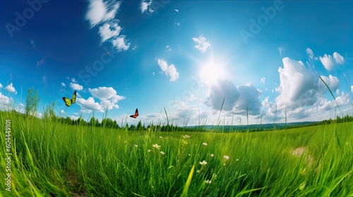 Flowers daisies in grass and butterfly in meadow in nature in rays of sunlight in summer or spring close-up macro with a soft focus. Enviroment Day. Generative ai
