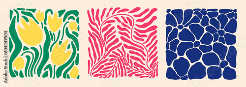Aesthetics of Matisse's curves. Groovy abstract postcards with patterns. Flower drawings, botanical art. Fashionable organic style of naive retro hippies of the 60-70's. Mother's Day vector background