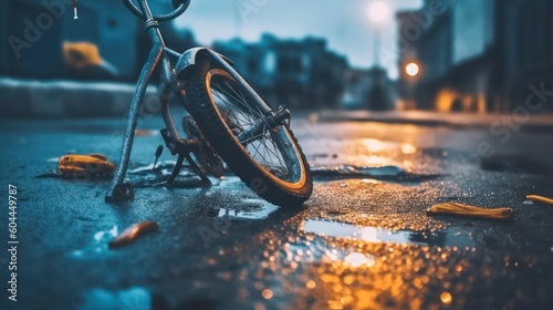 Close-up of a children's bicycle accident on the city street.broken bike on the roadway.bicycle wheel after an accident on the road. life insurance and protection concept.Generative AI