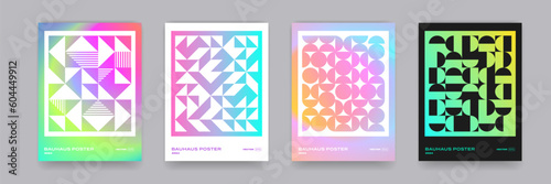 Bauhaus geometric pattern background, vector abstract circle, triangle and square lines art. Yellow, blue, red and green color, trendy Bauhaus pattern backgrounds set