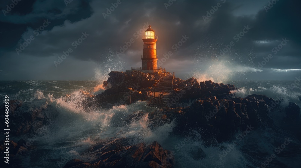 Image of an isolated iron lighthouse standing strong against stormy ocean waves, neural