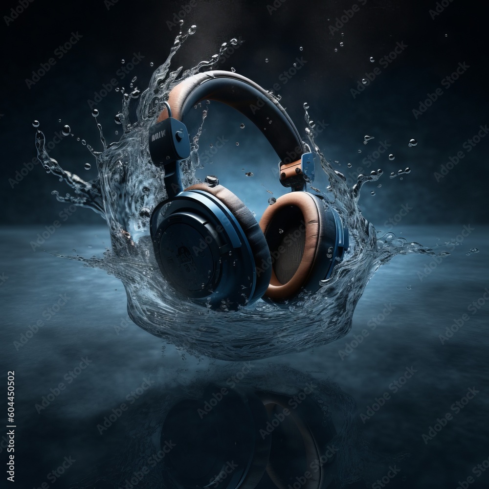 Fototapeta premium High tech headphones making a splash in water. Generative AI. 