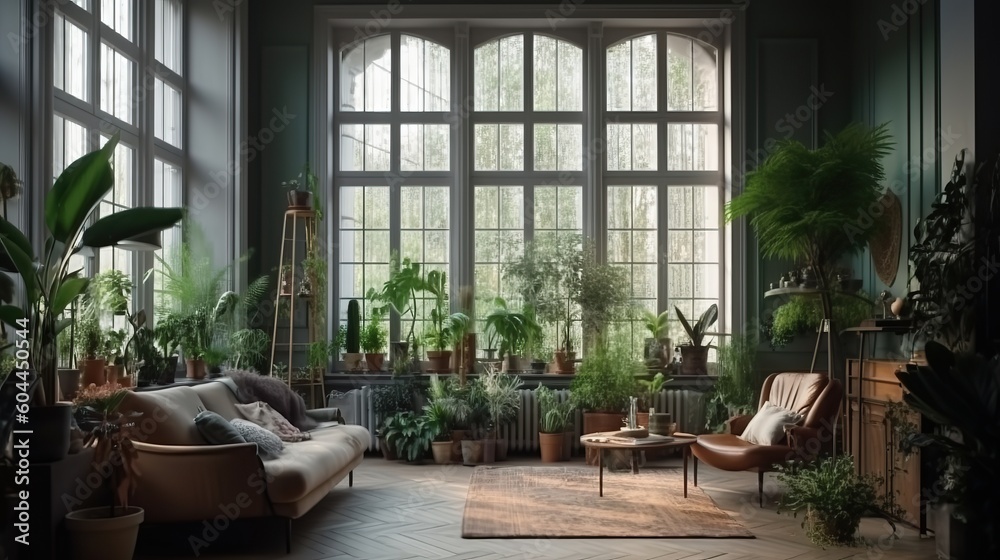 Biophilic living room interior featuring large windows, an abundance of plants, natural light, neural