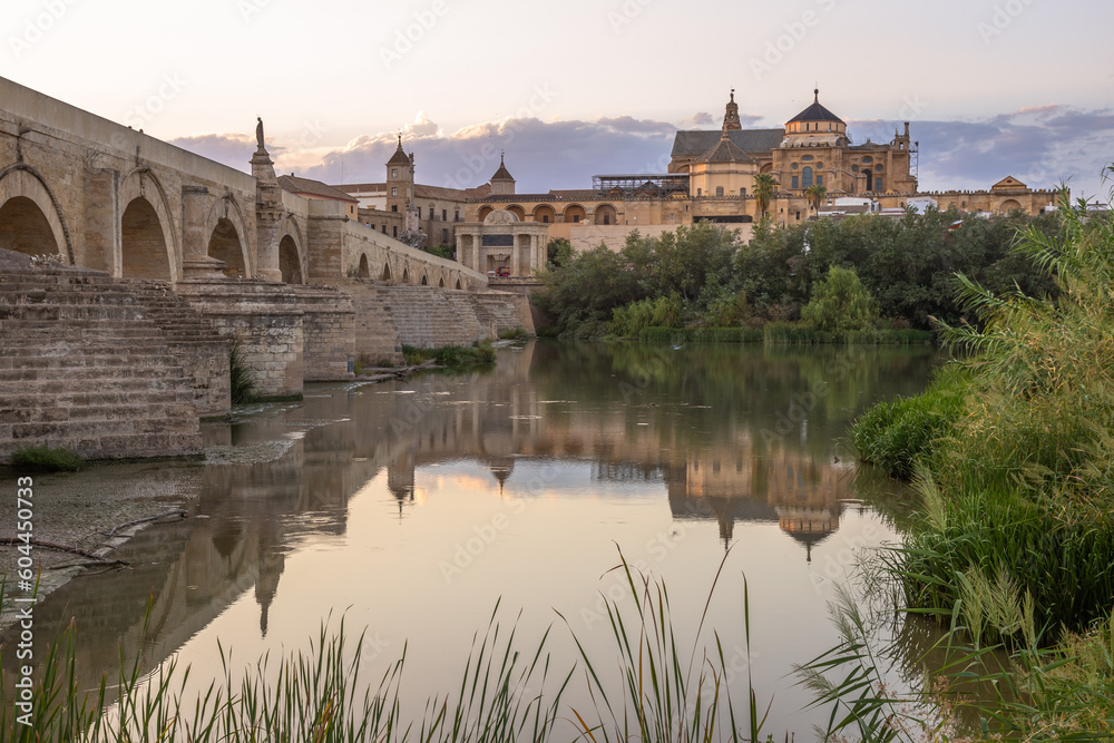 Roman bridge of and the Mosque–Cathedral of Cordoba. Exposure at sunset of the Roman bridge of and the Mosque–Cathedral of Cordoba in the background with the Guadalquivir river in the foreground