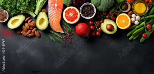  Healthy food clean eating selection fish, fruit, nuts, vegetable, seeds, superfood, cereals, leaf vegetable on black concrete background Flat lay 