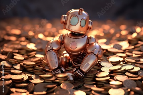 AI Generated pile of cooper coins robot symbol on the coins side background