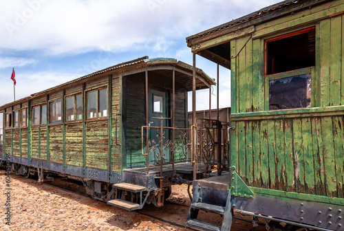 Obsolete train wagons from a bygone era in Wadi Rum, the famous Jordanian desert.