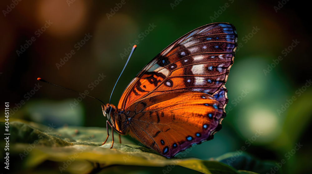 Obraz premium Close-up of a butterfly on a flower, a butterfly on a flower in the garden, a blurred background of a flower with a butterfly. A sense of beauty is created. Generative AI
