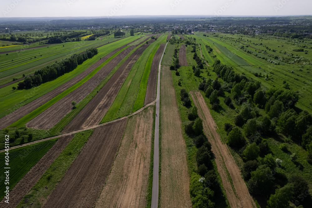 A bike path in the middle of a field, a view from a drone in the summer scenery of a Polish village